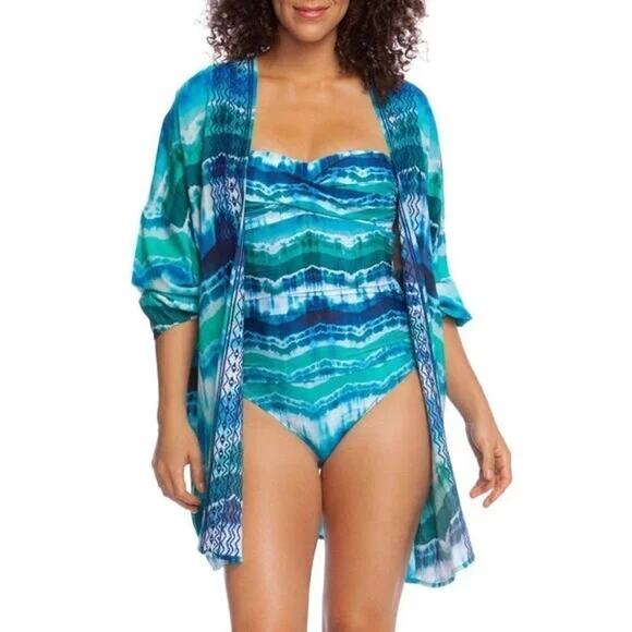 La Blanca Kimono Cover Up Size S/M Blue White Mermaid Embroidered Open Front - Picture 2 of 12